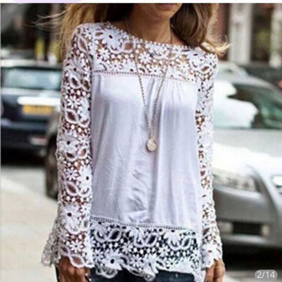 Lace blouse with long sleeves. White. Small - Picture 1 of 3